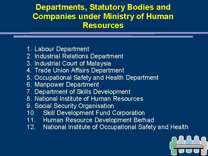 Departments, Statutory Bodies and Companies under Ministry of Human Resources 1. Labour Department 2.