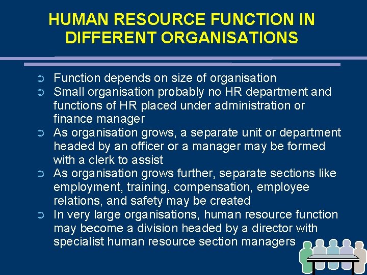 HUMAN RESOURCE FUNCTION IN DIFFERENT ORGANISATIONS ➲ ➲ ➲ Function depends on size of