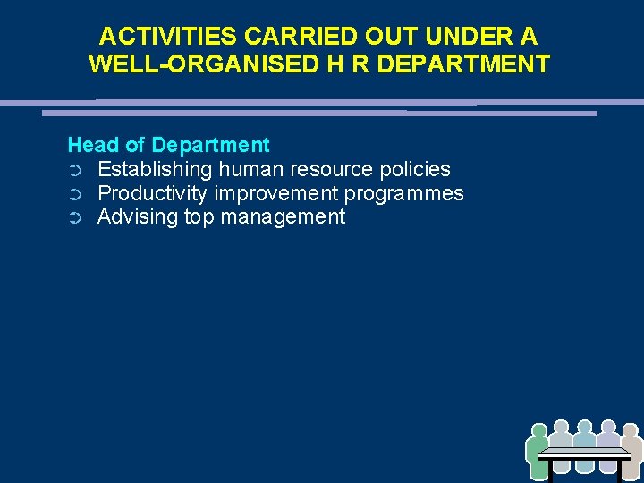 ACTIVITIES CARRIED OUT UNDER A WELL-ORGANISED H R DEPARTMENT Head of Department ➲ Establishing