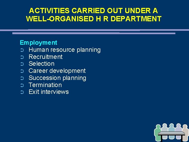 ACTIVITIES CARRIED OUT UNDER A WELL-ORGANISED H R DEPARTMENT Employment ➲ Human resource planning