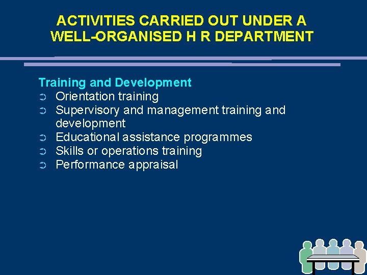 ACTIVITIES CARRIED OUT UNDER A WELL-ORGANISED H R DEPARTMENT Training and Development ➲ Orientation