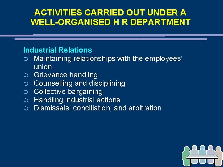 ACTIVITIES CARRIED OUT UNDER A WELL-ORGANISED H R DEPARTMENT Industrial Relations ➲ Maintaining relationships