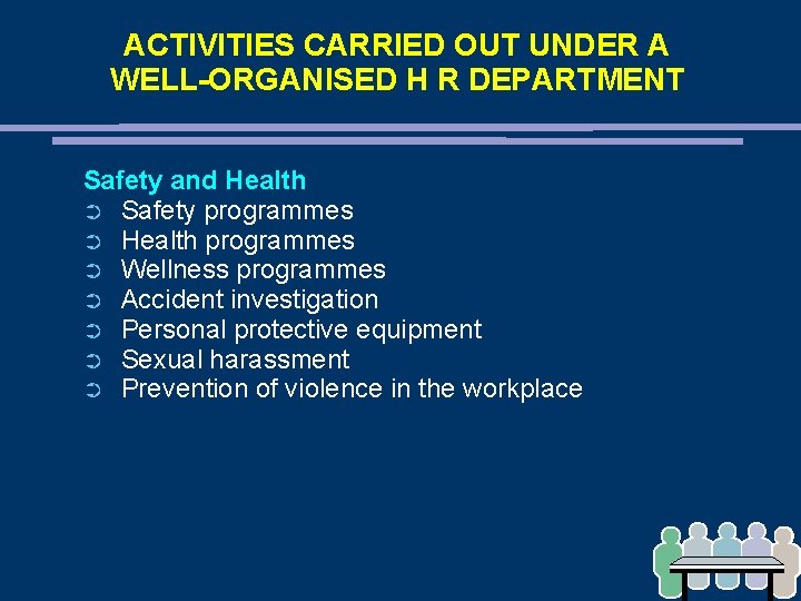 ACTIVITIES CARRIED OUT UNDER A WELL-ORGANISED H R DEPARTMENT Safety and Health ➲ Safety