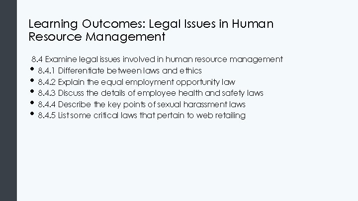Learning Outcomes: Legal Issues in Human Resource Management 8. 4 Examine legal issues involved