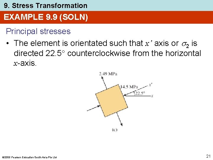 9. Stress Transformation EXAMPLE 9. 9 (SOLN) Principal stresses • The element is orientated