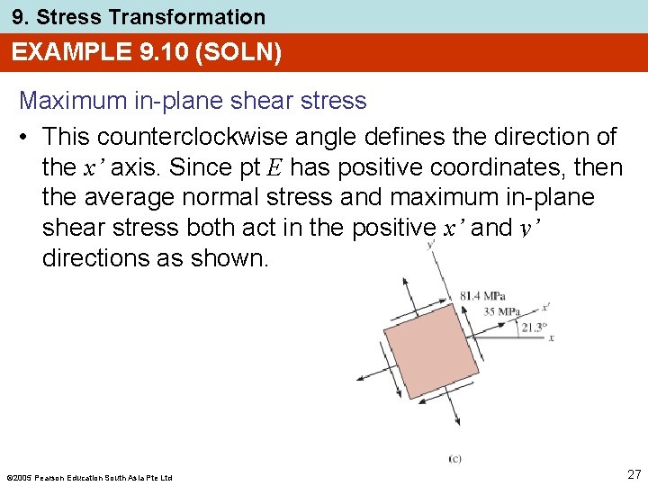 9. Stress Transformation EXAMPLE 9. 10 (SOLN) Maximum in-plane shear stress • This counterclockwise