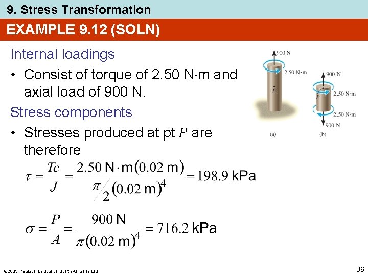 9. Stress Transformation EXAMPLE 9. 12 (SOLN) Internal loadings • Consist of torque of