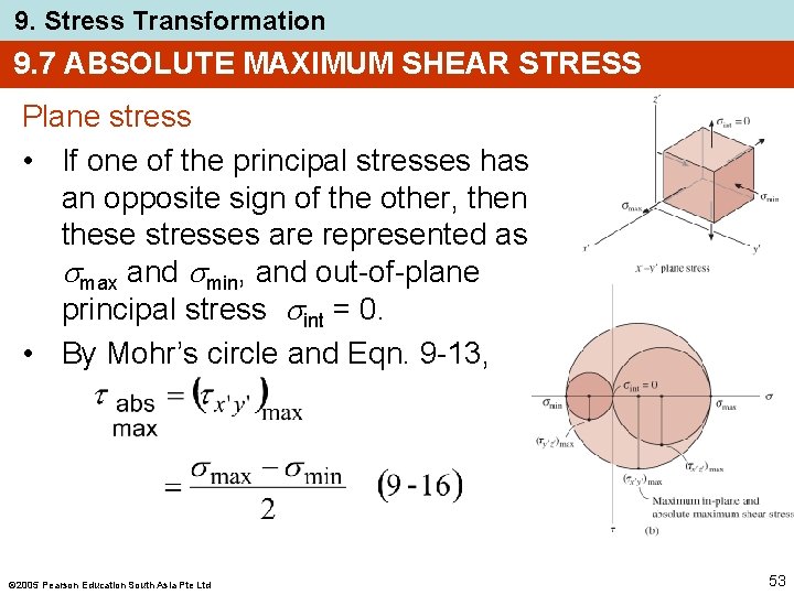 9. Stress Transformation 9. 7 ABSOLUTE MAXIMUM SHEAR STRESS Plane stress • If one