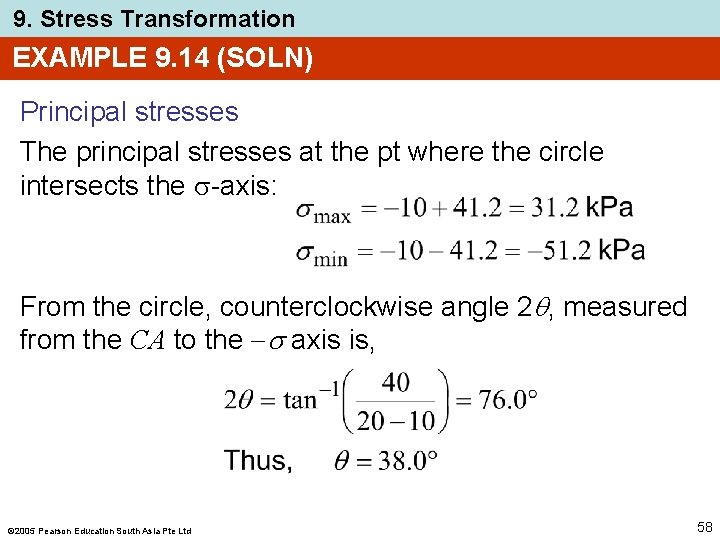 9. Stress Transformation EXAMPLE 9. 14 (SOLN) Principal stresses The principal stresses at the