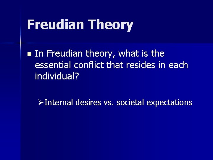 Freudian Theory n In Freudian theory, what is the essential conflict that resides in Freudian Theory n In Freudian theory, what is the essential conflict that resides in