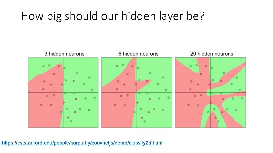 How big should our hidden layer be? https: //cs. stanford. edu/people/karpathy/convnetjs/demo/classify 2 d. html