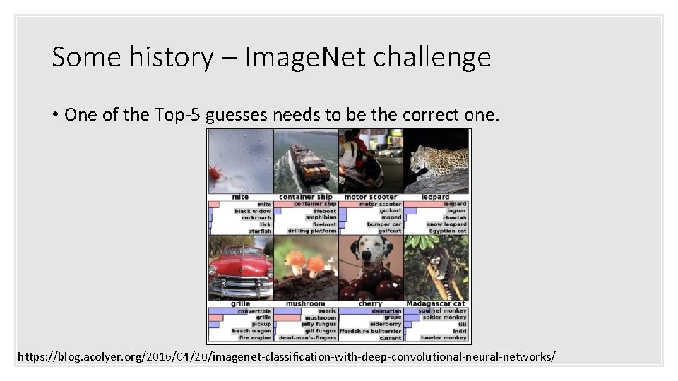 Some history – Image. Net challenge • One of the Top-5 guesses needs to
