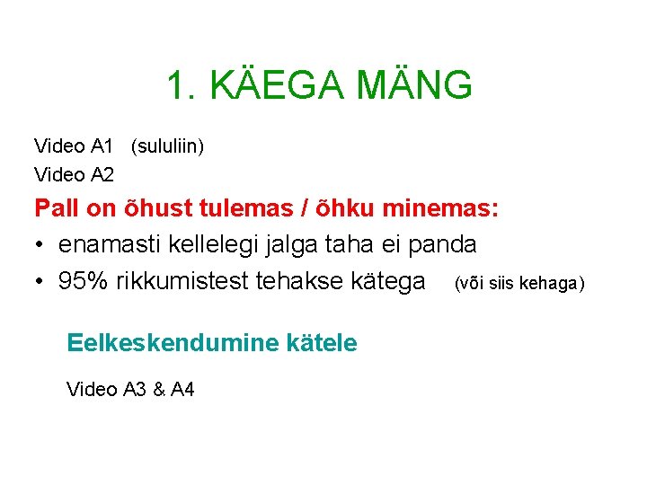 1. KÄEGA MÄNG Video A 1 (sululiin) Video A 2 Pall on õhust tulemas 1. KÄEGA MÄNG Video A 1 (sululiin) Video A 2 Pall on õhust tulemas