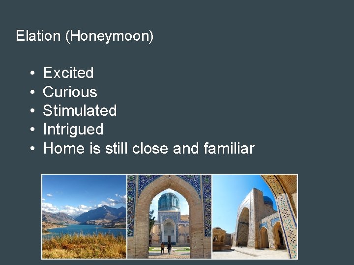 Elation (Honeymoon) • • • Excited Curious Stimulated Intrigued Home is still close and