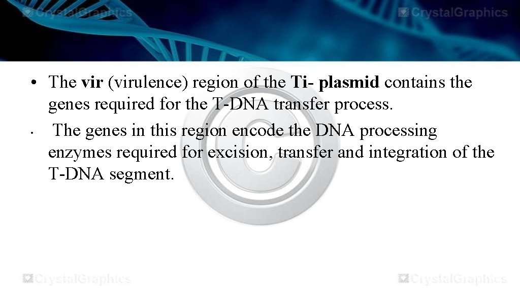 • The vir (virulence) region of the Ti- plasmid contains the genes required