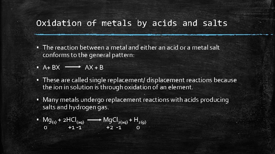 Oxidation of metals by acids and salts ▪ The reaction between a metal and Oxidation of metals by acids and salts ▪ The reaction between a metal and