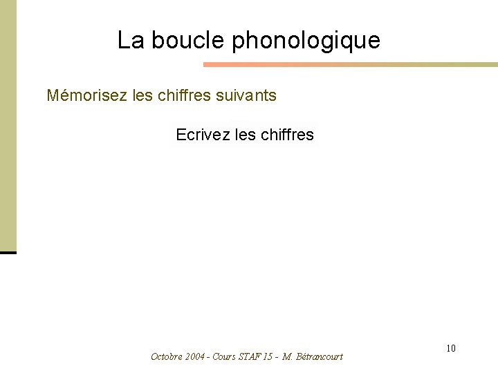 La boucle phonologique Mémorisez les chiffres suivants 7 6 1 2 9 4 Ecrivez