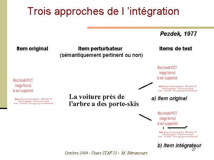 Trois approches de l ’intégration Pezdek, 1977 Item original Item perturbateur (sémantiquement pertinent ou