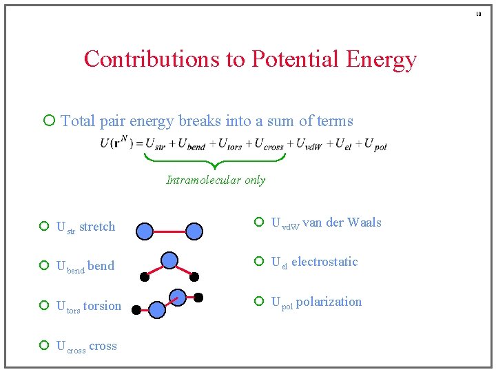 10 Contributions to Potential Energy ¡ Total pair energy breaks into a sum of