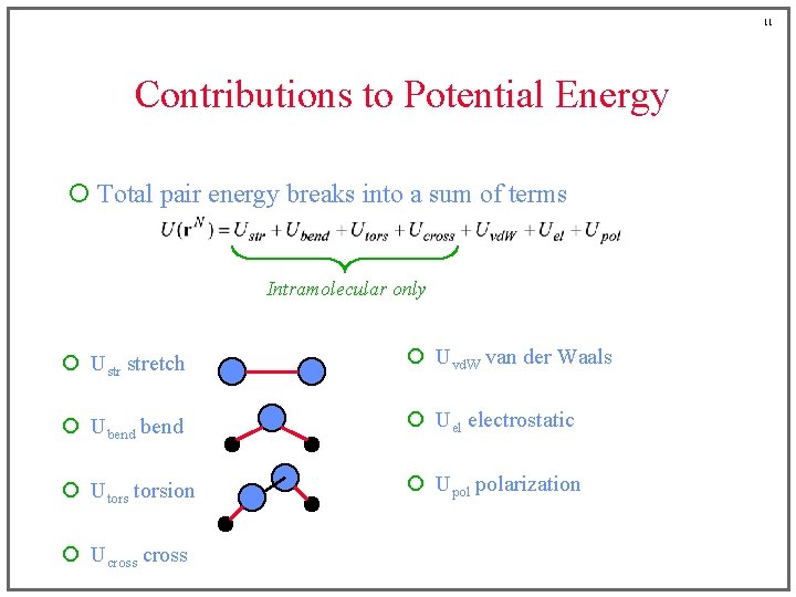 11 Contributions to Potential Energy ¡ Total pair energy breaks into a sum of