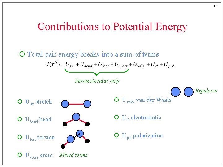 12 Contributions to Potential Energy ¡ Total pair energy breaks into a sum of