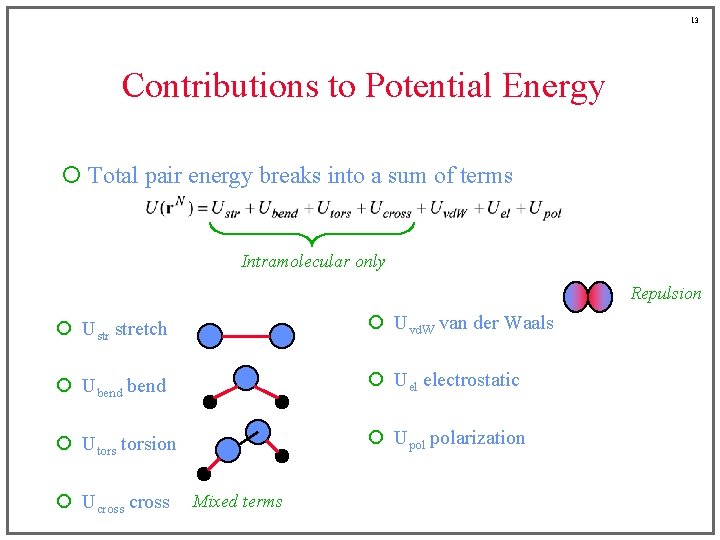 13 Contributions to Potential Energy ¡ Total pair energy breaks into a sum of