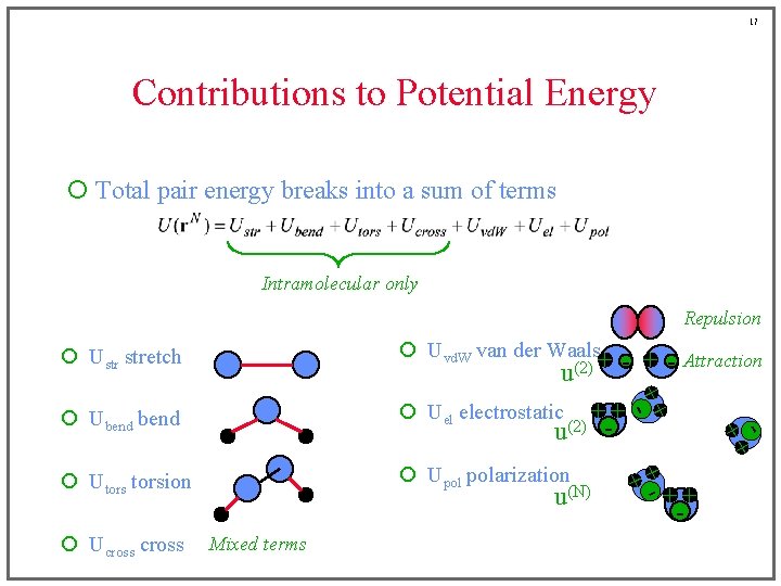 17 Contributions to Potential Energy ¡ Total pair energy breaks into a sum of