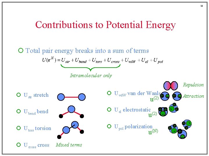 18 Contributions to Potential Energy ¡ Total pair energy breaks into a sum of