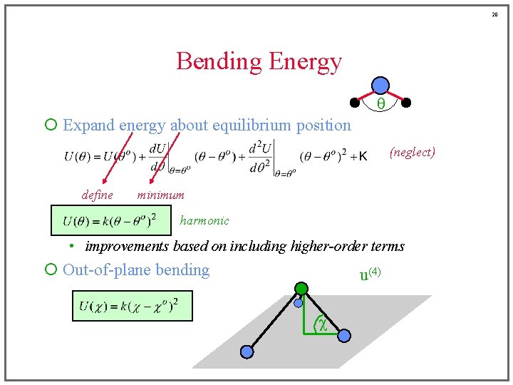 20 Bending Energy q ¡ Expand energy about equilibrium position (neglect) define minimum harmonic