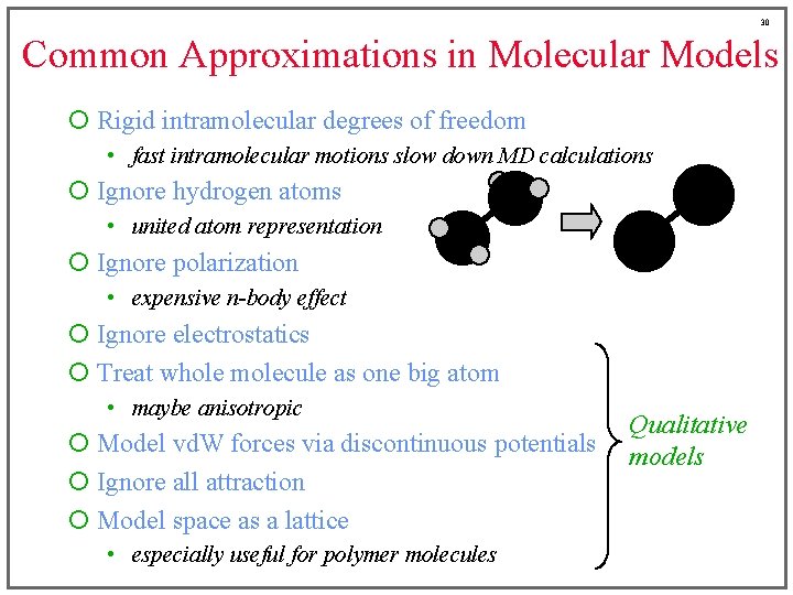 30 Common Approximations in Molecular Models ¡ Rigid intramolecular degrees of freedom • fast
