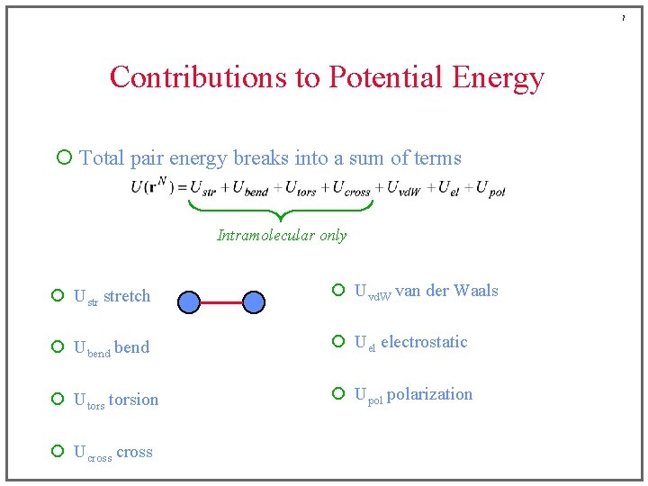7 Contributions to Potential Energy ¡ Total pair energy breaks into a sum of