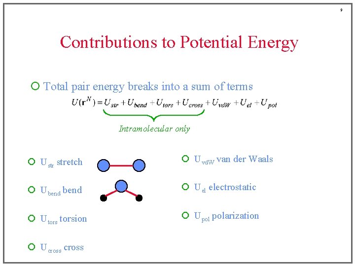 9 Contributions to Potential Energy ¡ Total pair energy breaks into a sum of