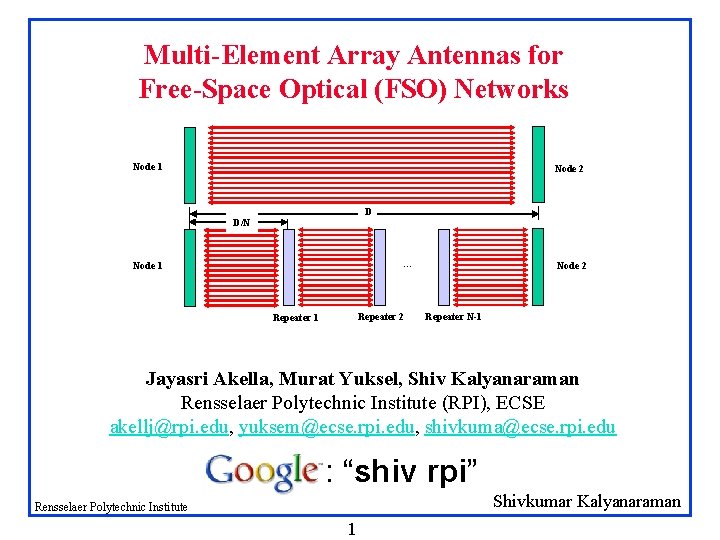 Multi-Element Array Antennas for Free-Space Optical (FSO) Networks Node 1 Node 2 D D/N Multi-Element Array Antennas for Free-Space Optical (FSO) Networks Node 1 Node 2 D D/N
