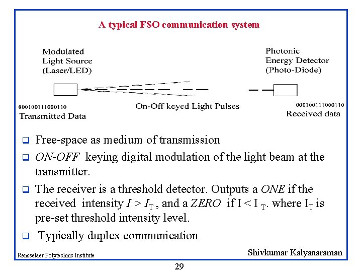 A typical FSO communication system q q Free-space as medium of transmission ON-OFF keying A typical FSO communication system q q Free-space as medium of transmission ON-OFF keying