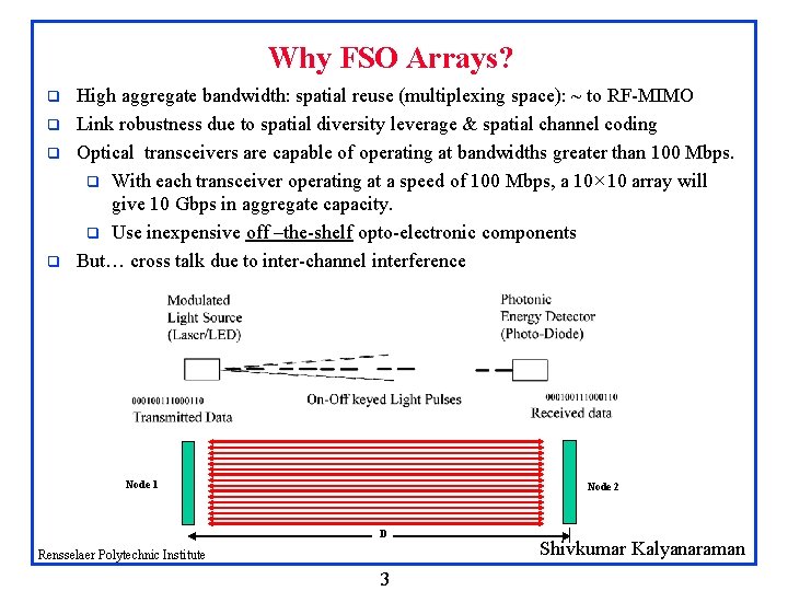 Why FSO Arrays? q q High aggregate bandwidth: spatial reuse (multiplexing space): ~ to Why FSO Arrays? q q High aggregate bandwidth: spatial reuse (multiplexing space): ~ to