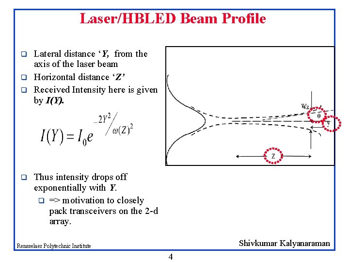 Laser/HBLED Beam Profile q q Lateral distance ‘Y, from the axis of the laser Laser/HBLED Beam Profile q q Lateral distance ‘Y, from the axis of the laser