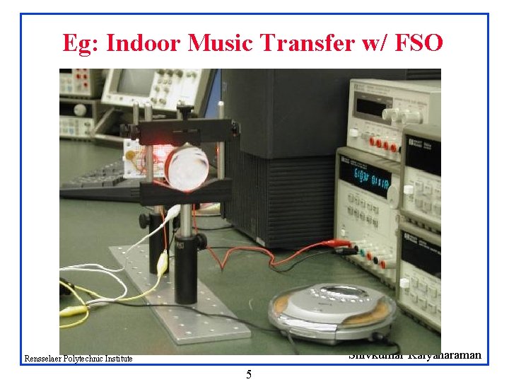 Eg: Indoor Music Transfer w/ FSO Shivkumar Kalyanaraman Rensselaer Polytechnic Institute 5 Eg: Indoor Music Transfer w/ FSO Shivkumar Kalyanaraman Rensselaer Polytechnic Institute 5
