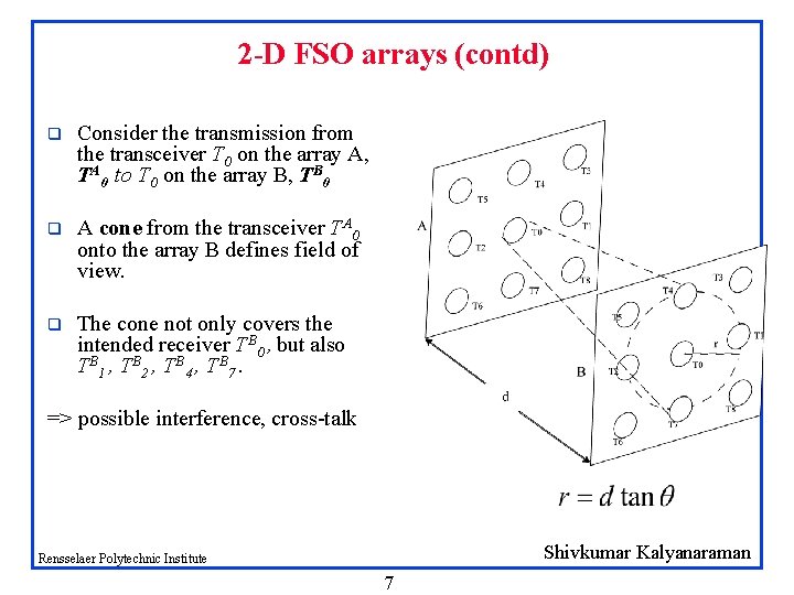 2 -D FSO arrays (contd) q Consider the transmission from the transceiver T 0 2 -D FSO arrays (contd) q Consider the transmission from the transceiver T 0