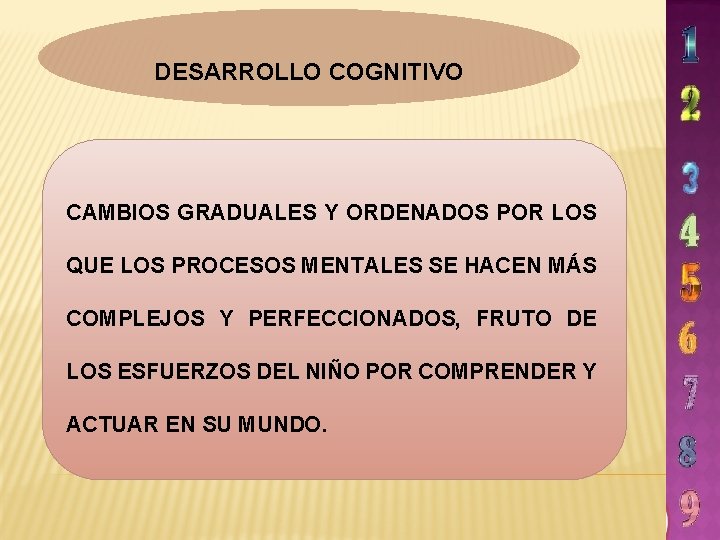 DESARROLLO COGNITIVO CAMBIOS GRADUALES Y ORDENADOS POR LOS QUE LOS PROCESOS MENTALES SE HACEN DESARROLLO COGNITIVO CAMBIOS GRADUALES Y ORDENADOS POR LOS QUE LOS PROCESOS MENTALES SE HACEN