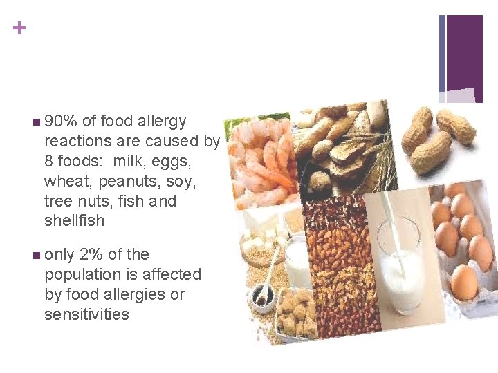 + n 90% of food allergy reactions are caused by 8 foods: milk, eggs,