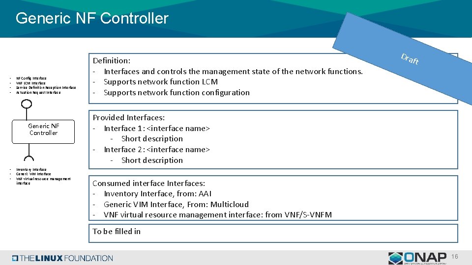 Generic NF Controller • • NF Config Interface VNF LCM Interface Service Definition Reception Generic NF Controller • • NF Config Interface VNF LCM Interface Service Definition Reception