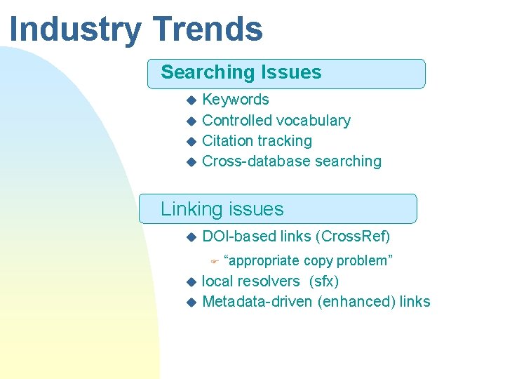 Industry Trends Searching Issues Keywords u Controlled vocabulary u Citation tracking u Cross-database searching Industry Trends Searching Issues Keywords u Controlled vocabulary u Citation tracking u Cross-database searching