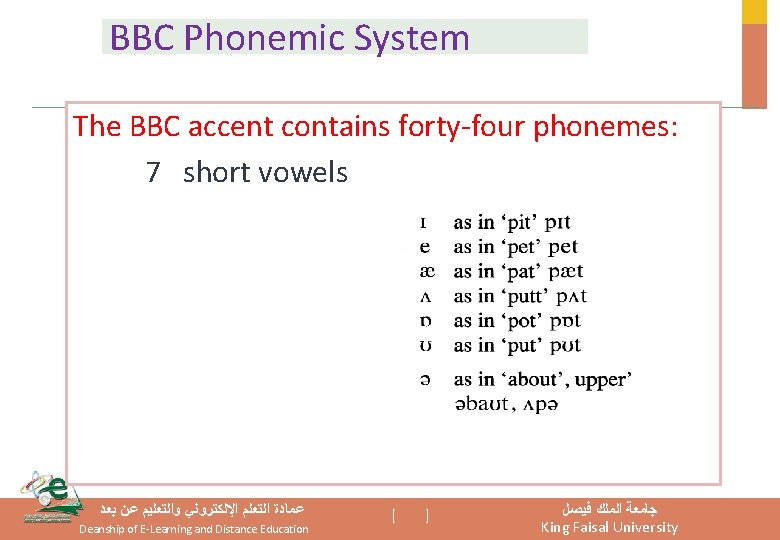 BBC Phonemic System The BBC accent contains forty-four phonemes: 7 short vowels ﻋﻤﺎﺩﺓ ﺍﻟﺘﻌﻠﻢ BBC Phonemic System The BBC accent contains forty-four phonemes: 7 short vowels ﻋﻤﺎﺩﺓ ﺍﻟﺘﻌﻠﻢ