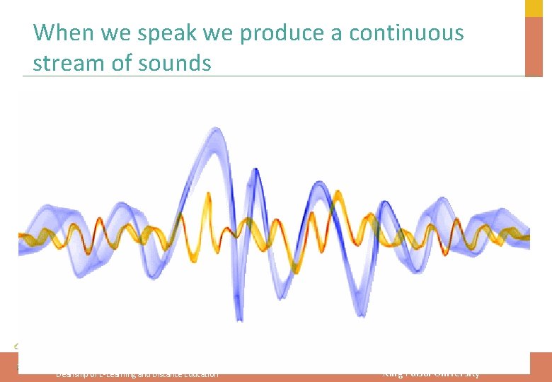 When we speak we produce a continuous stream of sounds ﻋﻤﺎﺩﺓ ﺍﻟﺘﻌﻠﻢ ﺍﻹﻟﻜﺘﺮﻭﻧﻲ ﻭﺍﻟﺘﻌﻠﻴﻢ When we speak we produce a continuous stream of sounds ﻋﻤﺎﺩﺓ ﺍﻟﺘﻌﻠﻢ ﺍﻹﻟﻜﺘﺮﻭﻧﻲ ﻭﺍﻟﺘﻌﻠﻴﻢ