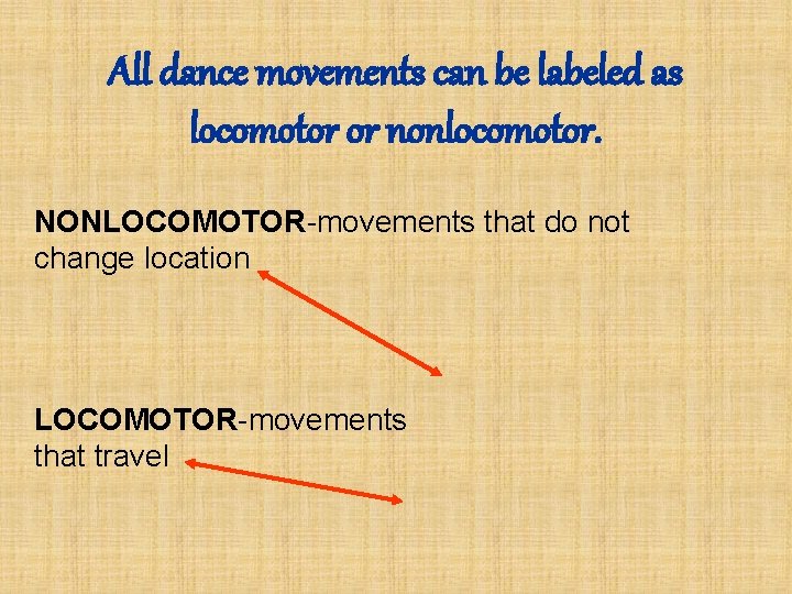All dance movements can be labeled as locomotor or nonlocomotor. NONLOCOMOTOR-movements that do not