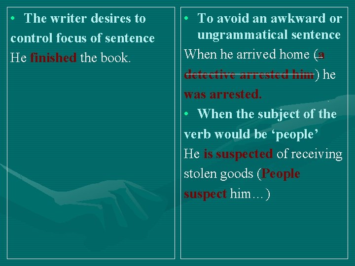  • The writer desires to control focus of sentence He finished the book.