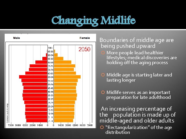 Changing Midlife Boundaries of middle age are being pushed upward More people lead healthier