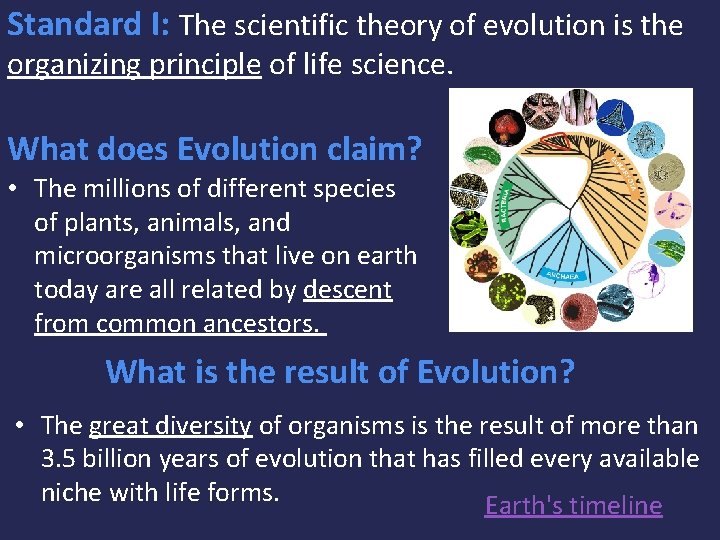 Standard I: The scientific theory of evolution is the organizing principle of life science.