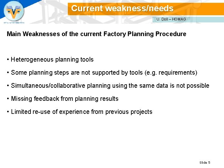 Current weakness/needs U. Doll – HOMAG Main Weaknesses of the current Factory Planning Procedure