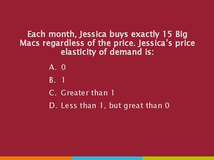 Each month, Jessica buys exactly 15 Big Macs regardless of the price. Jessica’s price